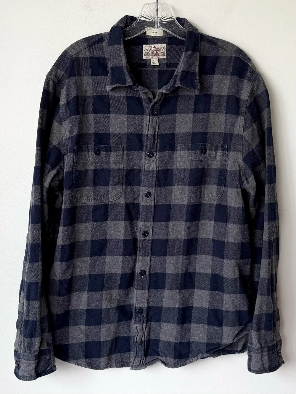 J. Crew Double Brushed Mid Weight Slim Fit Flannel Navy Gray Plaid XL